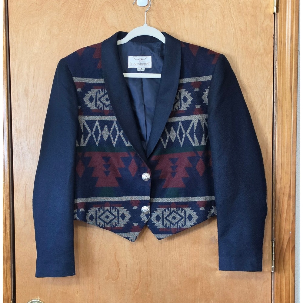 Vintage Longhorn Western Wear Navy Southwestern Cropped Blazer Jacket Medium